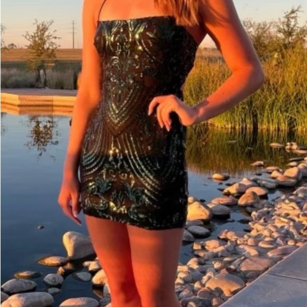 Windsor Black Mini Dress with Forest Green Sequin Embellishment